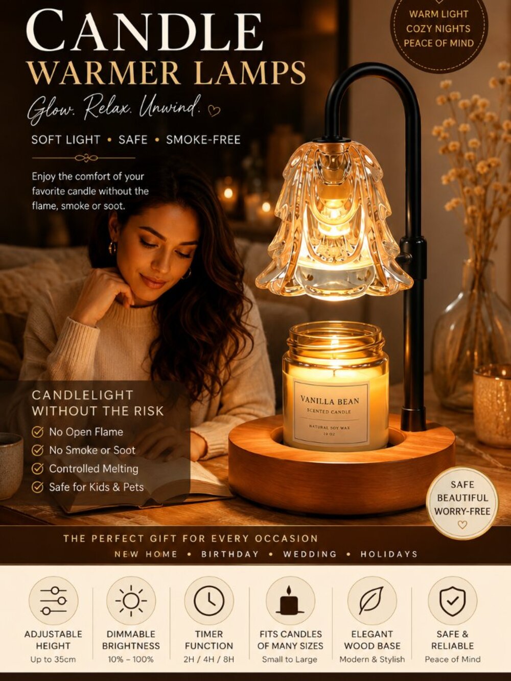 Adjustable Candle Warmer Lamp with Dimmer | Polished Wood Base Tabletop Wax Warm